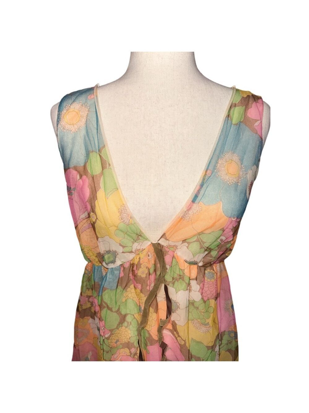 Vintage 1960s to 1970s floral chiffon maxi dress deep v- front. 100% nylon USA  - Picture 4 of 13